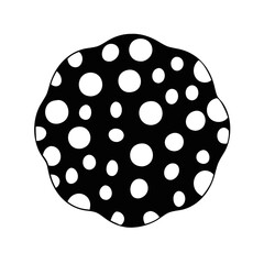 Polka dot circle silhouette icon with irregular edges-Black circular shape with varied white polka dots and wavy edges, symbolizing playful design, fabric patterns, and decorative textures.
