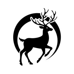 Reindeer silhouette with moon for Christmas design-Black silhouette illustration of a reindeer standing in front of a crescent moon, symbolizing winter nights, Christmas, and festive wildlife themes.