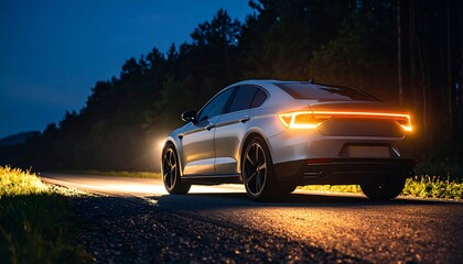 Silver sedan driving on a dark road at night, taillights illuminated