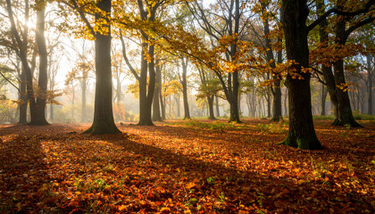 Fototapeta premium Autumn forest sunlight shadows