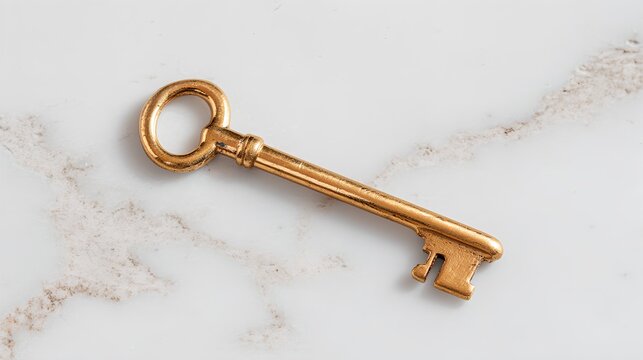 Gold key is sitting on a white marble counter. - Powered by Adobe