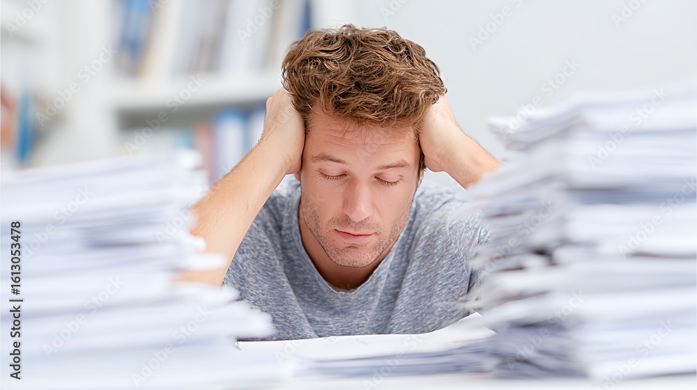 Poster man is sitting at a desk with a pile of papers in front of him.