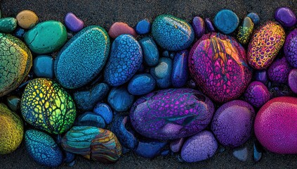 Vibrant, colorful stones arranged on a dark ground