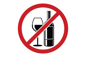 Red prohibition circle with a black silhouette of a wine bottle and glass inside isolated on white background silhouette