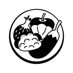 Vegetables and Bread Silhouette in Circle Icon-Black silhouette of assorted vegetables and a loaf of bread inside a circle, ideal for food, farming, and organic produce-themed graphics.