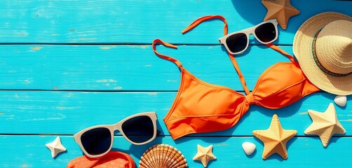 Sun-drenched swimwear, sunglasses, seashells & beach essentials playfully arranged on weathered blue wood,  swimwear,  wood