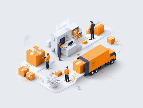 Isometric view showcases logistics. Orange boxes, workers, truck, symbolizing delivery, shipping, process, automation, efficiency, commerce, and ecommerce.