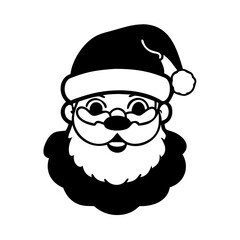 Santa Claus Face Silhouette with Glasses and Hat-Black silhouette of Santa Claus with a fluffy beard, glasses, and classic Christmas hat, ideal for holiday graphics and festive designs.