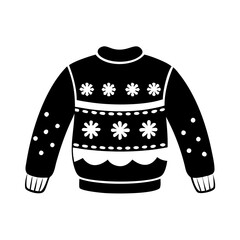 Festive Winter Sweater Silhouette with Snowflakes-Black silhouette of a cozy holiday sweater decorated with snowflakes and dotted sleeves, ideal for Christmas graphics and seasonal apparel.