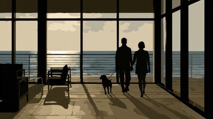 A couple walks their dog by the ocean.