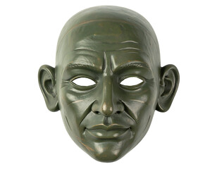 Green male face mask sculpture with bald head and pronounced wrinkles on isolated white background