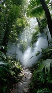 Mystical Forest Path: A captivating forest scene with a pathway, shrouded in ethereal mist and enveloped by vibrant, lush greenery, offers a sense of mystery and tranquility.
