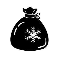 Santa Gift Bag Silhouette with Snowflake Icon-Black silhouette of a holiday gift sack featuring a snowflake design, perfect for Christmas graphics, festive decor, and seasonal themes.
