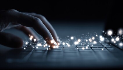 A hand hovering above a laptop keyboard, digital lights emanate upwards from the keys in a dim setting