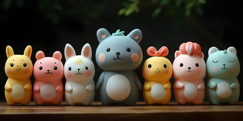 Adorable Pastel-Colored Animal Figurines Arranged on Wooden Surface