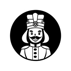 Black and white nutcracker soldier icon-Simple black and white circular icon of a smiling nutcracker soldier, commonly used in holiday or Christmas themed designs.