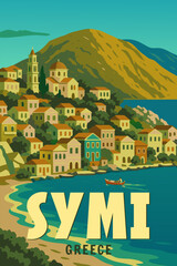 Symi Greece island poster travel, old village white buildings, harbor. Vintage style vector illustration