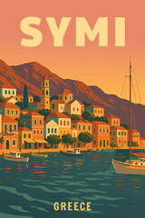 Symi Greece island poster travel, old village white buildings, harbor. Vintage style vector illustration