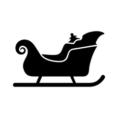 Classic Santa sleigh silhouette with gift bag-Black and white vector icon of a traditional Santa sleigh with a sack of presents, perfect for Christmas and winter holiday designs.
