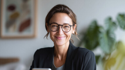 Confident woman with glasses, smiling warmly. Authentic portrait conveys intelligence, approachability, and success. Ideal for business, education, and lifestyle contexts.