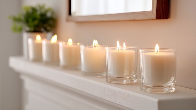 Row of candles are lit on a mantle.
