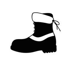 Single hiking boot silhouette with laces-Black and white illustration of a rugged hiking or winter boot with thick sole and lace detail, symbolizing outdoor gear and trekking.