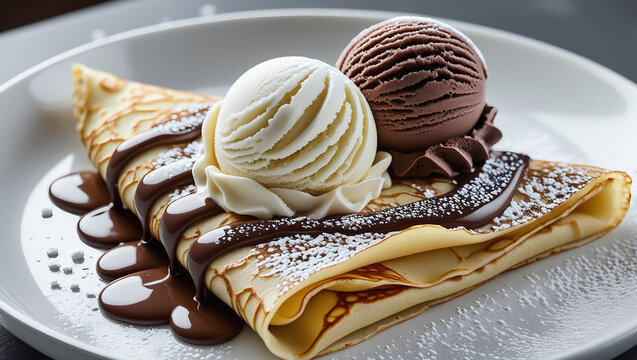 Delicate crepe topped with ice cream duo. Chocolate drizzle and sugar dusting. Perfect for food blogs - Powered by Adobe