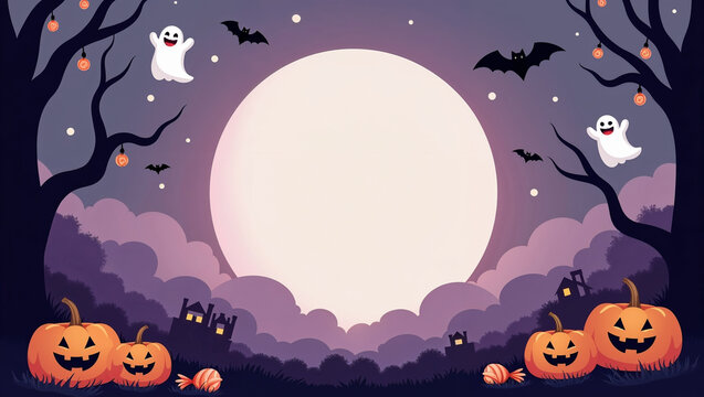 Family-friendly Halloween scene with vector ghosts, bats, and candy around borders. The upper half features a glowing full moon against a foggy purple and orange night sky, creating a soft and playful