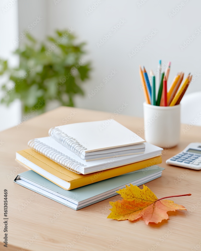 Poster stack of notebooks and a calculator sit on a desk.
