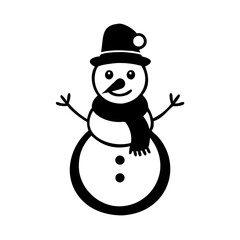 Smiling snowman in winter hat and scarf-Simple black and white drawing of a cheerful snowman with a pom-pom hat, scarf, stick arms, and button details.