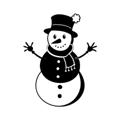 Happy snowman with scarf and top hat-Black and white illustration of a joyful snowman wearing a top hat and scarf, smiling with raised stick arms and buttons.