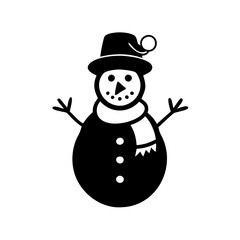 Cute snowman in hat and scarf icon-Simple black and white illustration of a cheerful snowman wearing a winter hat and scarf with stick arms and button details.