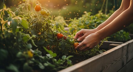 Fototapeta premium Gentle hands tending to ripening tomatoes in a sun-drenched garden bed