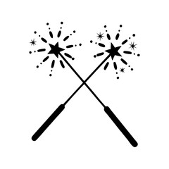 Crossed Sparklers Icon for Celebration Concept-Black and white vector illustration of two crossed sparklers emitting sparks, representing celebration, joy, or festive decoration.
