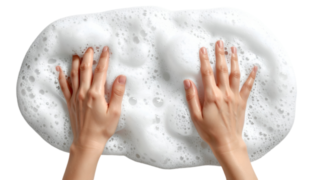 Hands placed on soft bubbles and white foam surface during cleansing on isolated white background