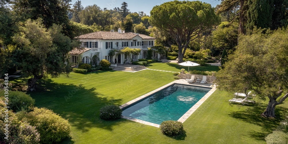Poster large house with a pool and a tree in front of it.