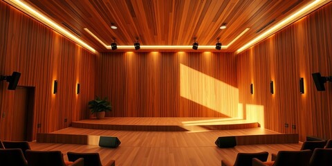 Warm-toned wood interior, modern stage lighting accents , wood,  room
