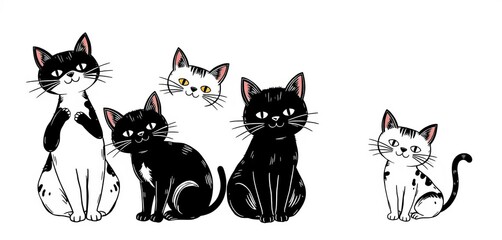 Whimsical black & white doodle cats, playful poses, quirky style, line art, doodles