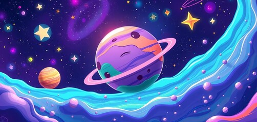 Whimsical cartoon liquid planets float amidst vibrant galaxies and stars,  vibrant galaxy,  design