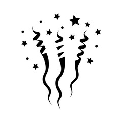 Party Streamers and Stars Celebration Icon-Black silhouette of three streamers with stars and confetti, representing celebration, parties, festive joy, and special occasions.