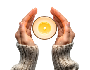 Hands wearing cozy sleeves holding a lit aroma candle in warm gentle light on isolated white background