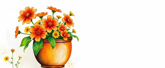 Whimsical folk art watercolor flower pot overflowing with vibrant orange & yellow blooms, textured pastel background,  whimsical,  handpainted