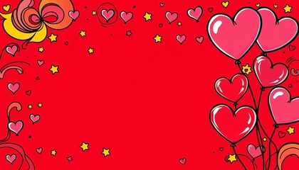 Whimsical crimson backdrop with swirling colorful hearts, stars, bold black lines, and heart balloons in a comic style, swirl, bold