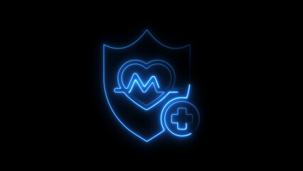 Glowing blue neon health insurance symbol with heartbeat and medical cross on black background