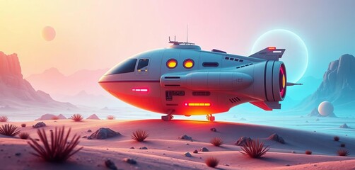 Whimsical spaceship rests in a glowing, pastel futuristic landscape,  dreamlike,   planets