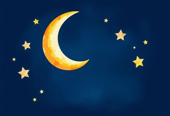 Whimsical watercolor crescent moon and stars against a dark blue night sky, Eid al Adha themed,  festive,  painting