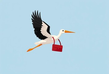 Whimsical stork in flight, carrying a red satchel; flat design ,  cute,  simple