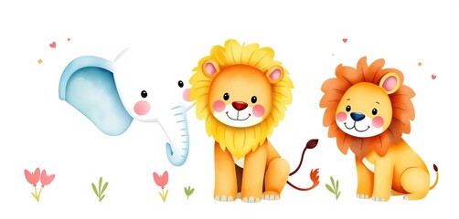 Whimsical watercolor elephant & lion, cute cartoon animals, isolated on white,  adorable,   stock photo
