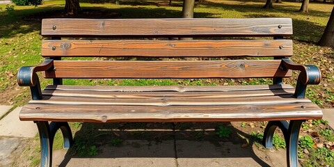 Worn wooden park bench, weathered paint, slightly tilted,   decay,  outdoor