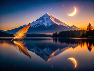 Serene Night: Crescent Moon, Mountain, and Feather on Reflective Lake - Stock Photo